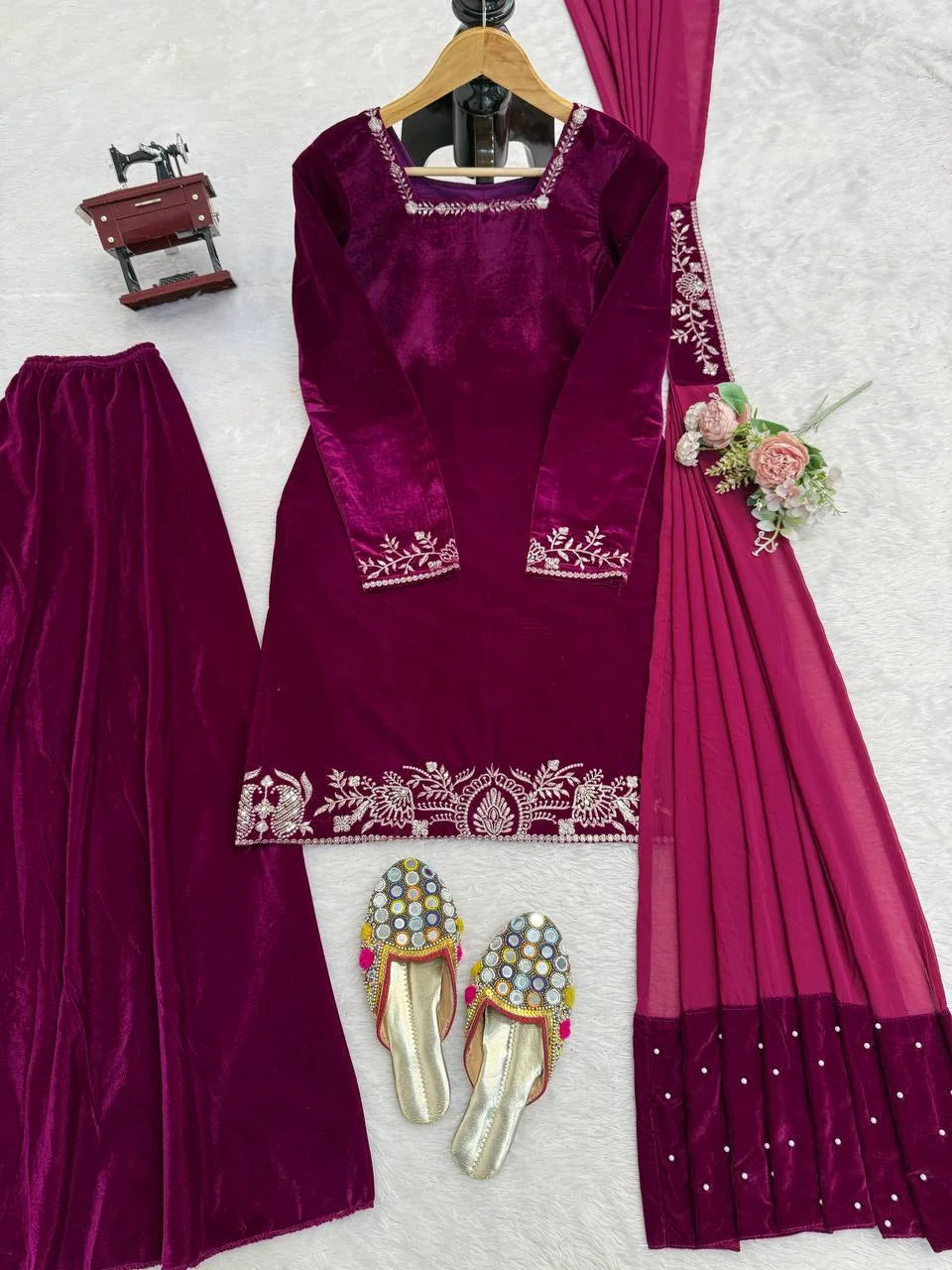 Festive Wear Heavy Viscose Velvet Top with Sharara and Embellished Dupatta
