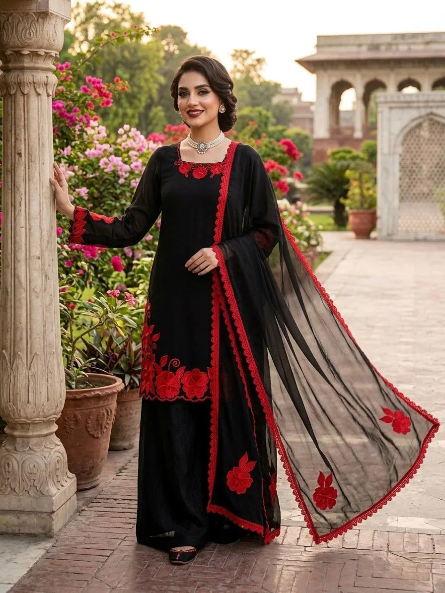 Glow Mode On: Silk Sequence Kurta Palazzo & Dupatta Set