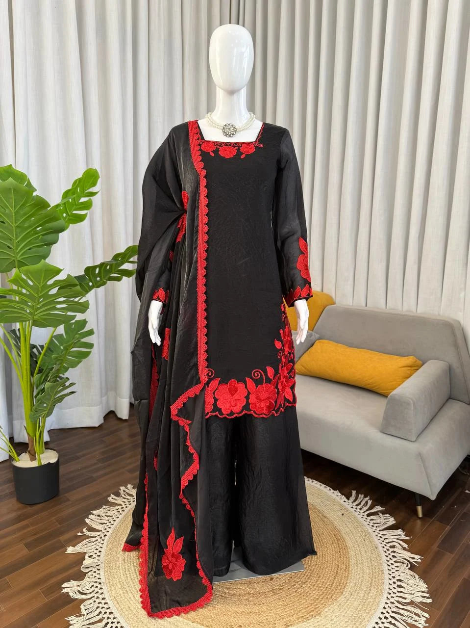 Glow Mode On: Silk Sequence Kurta Palazzo & Dupatta Set