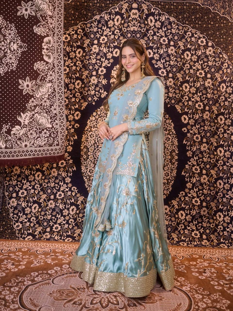 Wedding Wear Japan Satin Kurti Lehenga Dupatta Set for Women