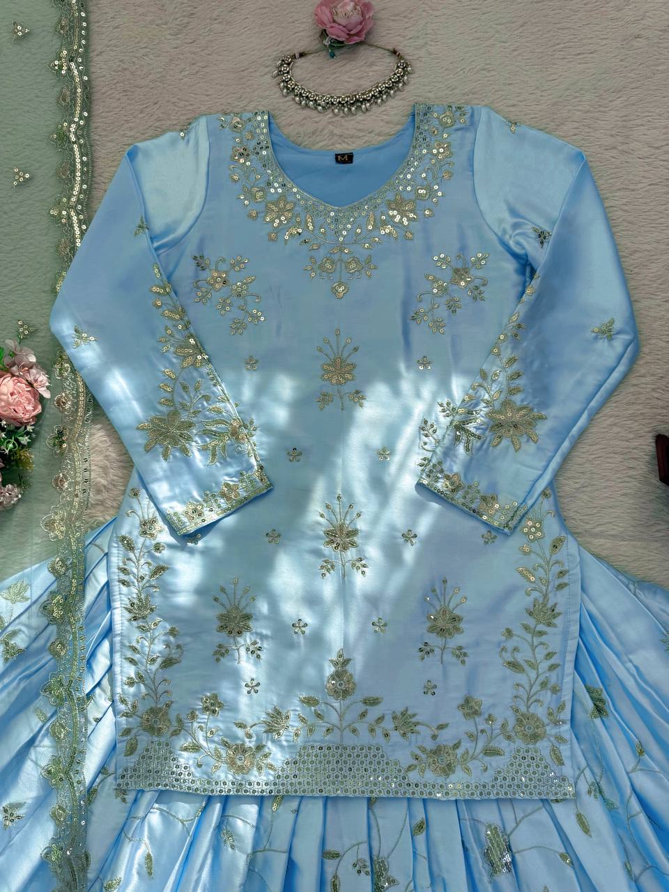 Wedding Wear Japan Satin Kurti Lehenga Dupatta Set for Women