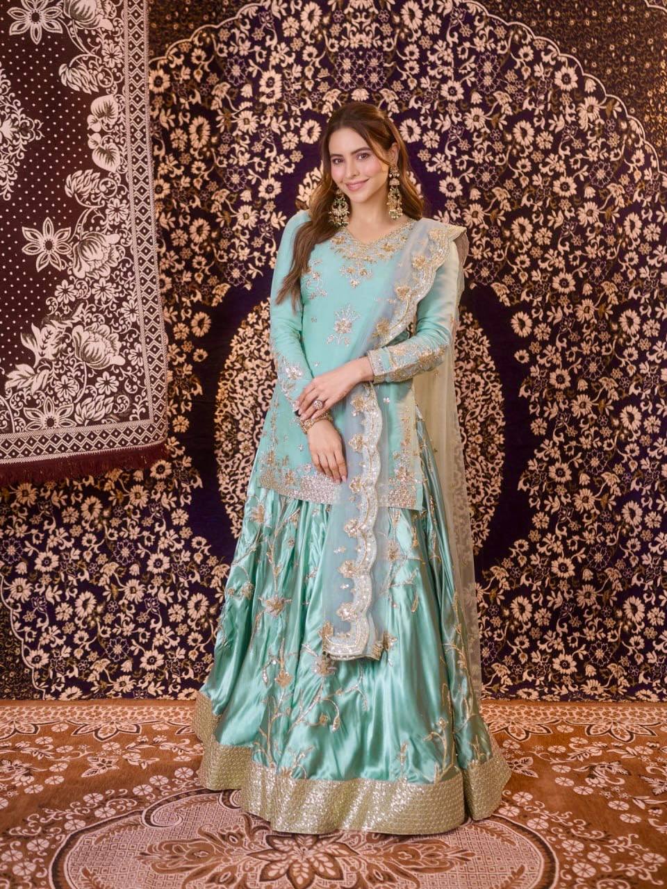 Wedding Wear Japan Satin Kurti Lehenga Dupatta Set for Women