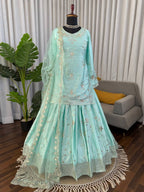 Wedding Wear Japan Satin Kurti Lehenga Dupatta Set for Women