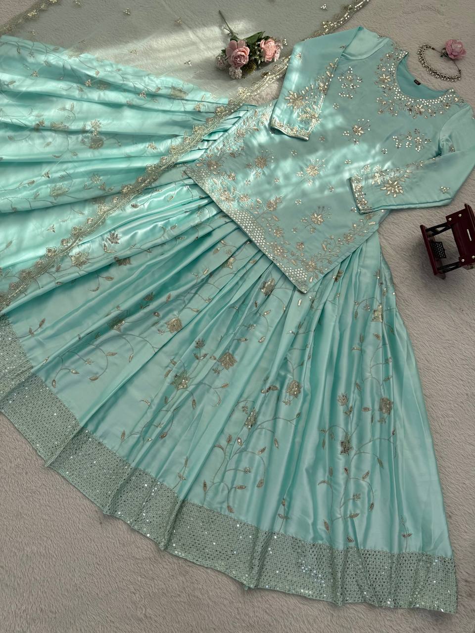 Wedding Wear Japan Satin Kurti Lehenga Dupatta Set for Women
