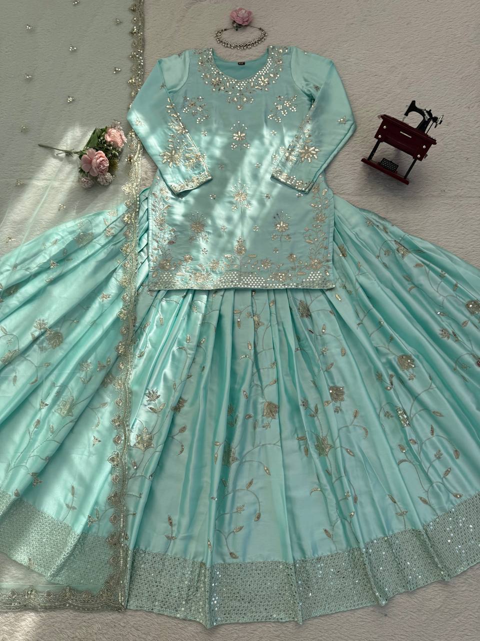 Wedding Wear Japan Satin Kurti Lehenga Dupatta Set for Women