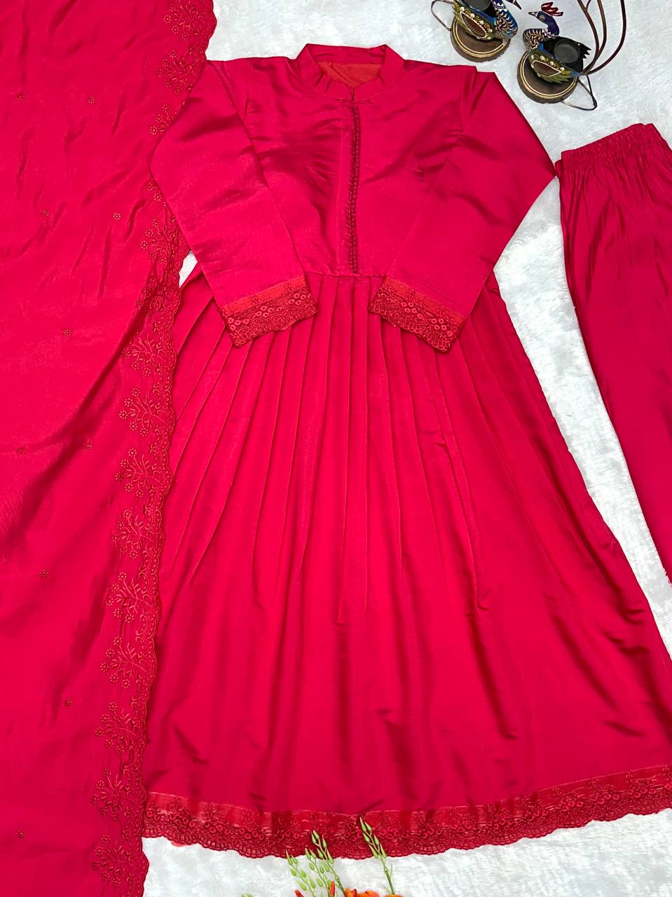 Festive Wear Floral Silk Anarkali Gown with Pant & Dupatta for Women