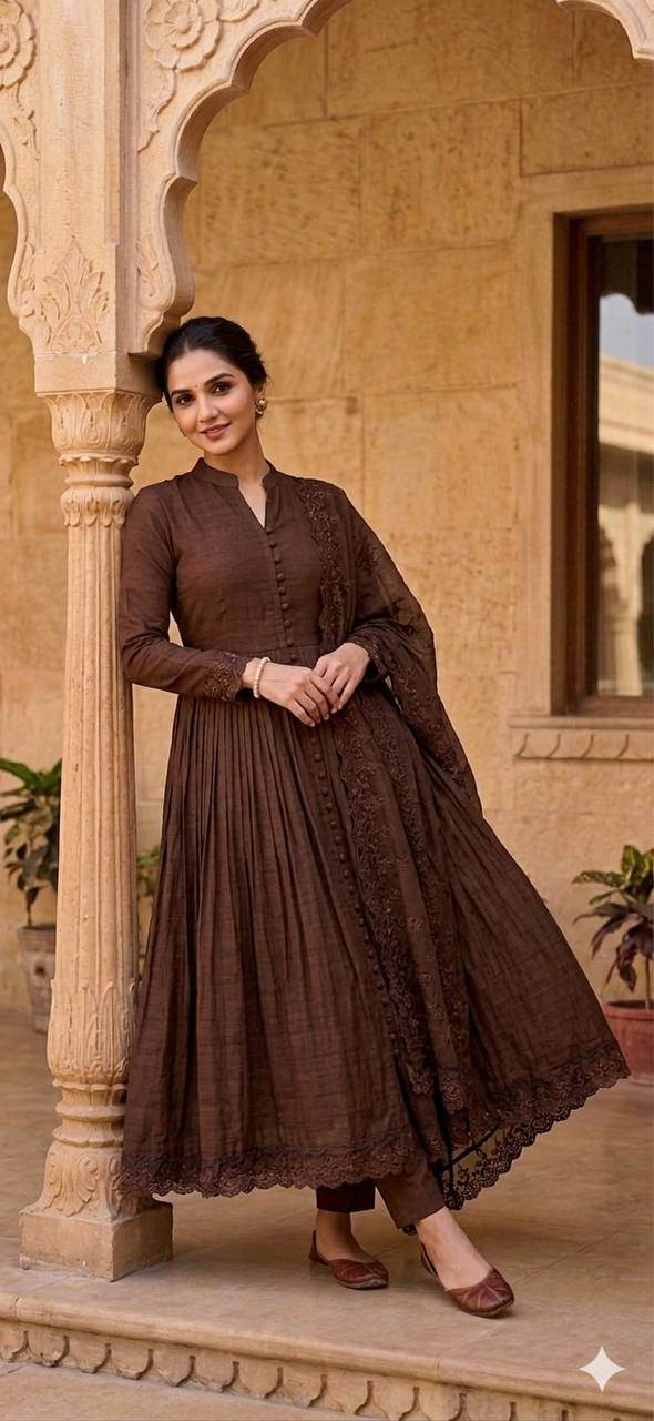Festive Wear Floral Silk Anarkali Gown with Pant & Dupatta for Women