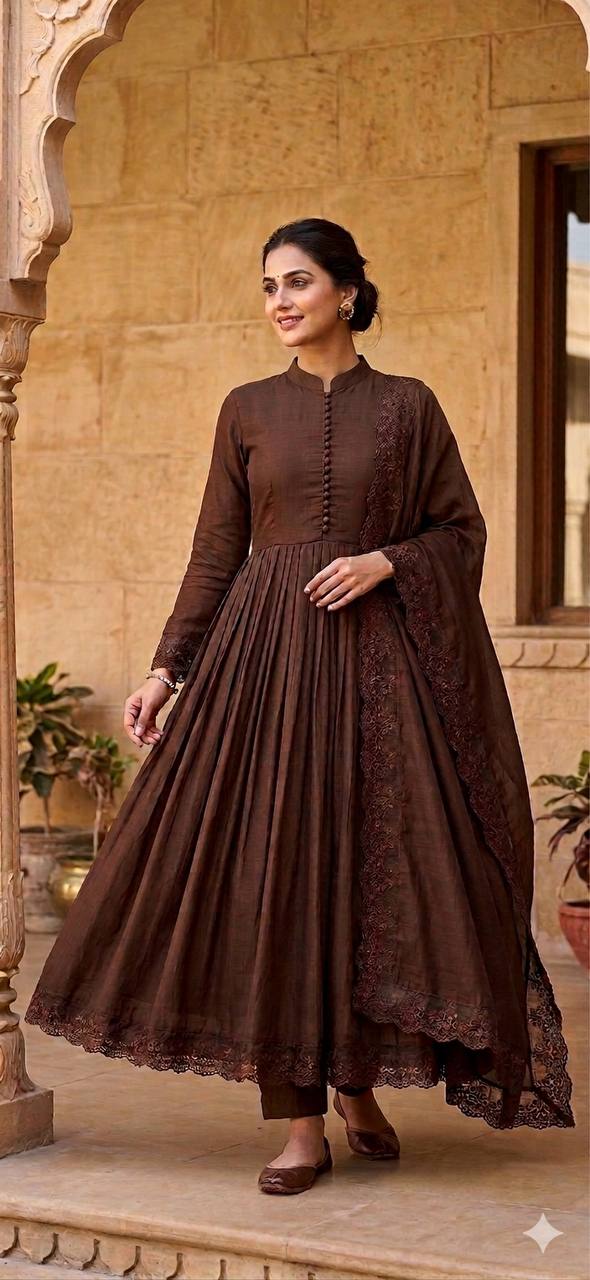 Festive Wear Floral Silk Anarkali Gown with Pant & Dupatta for Women