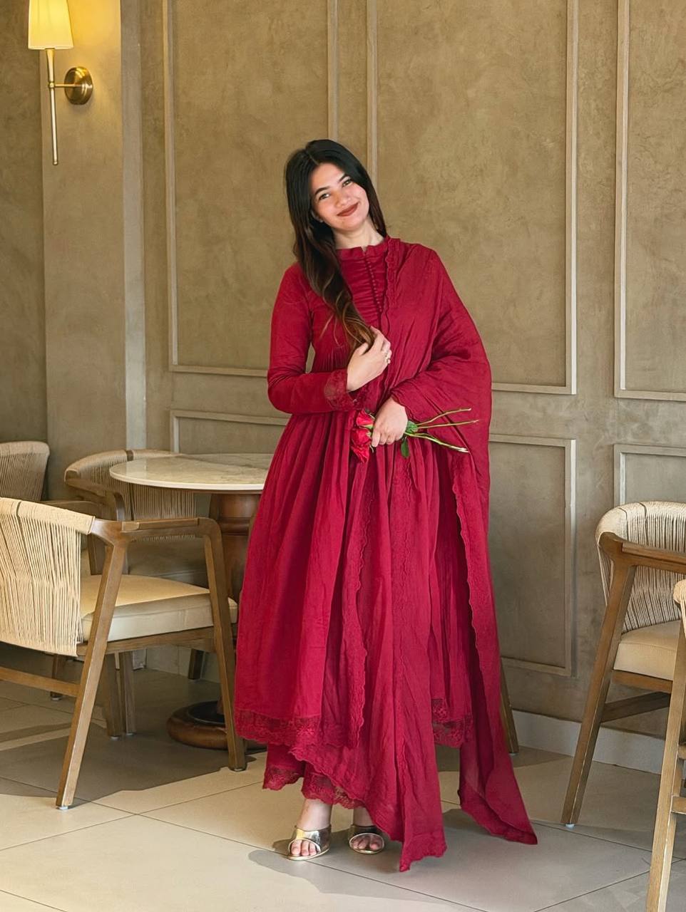 Festive Wear Floral Silk Anarkali Gown with Pant & Dupatta for Women