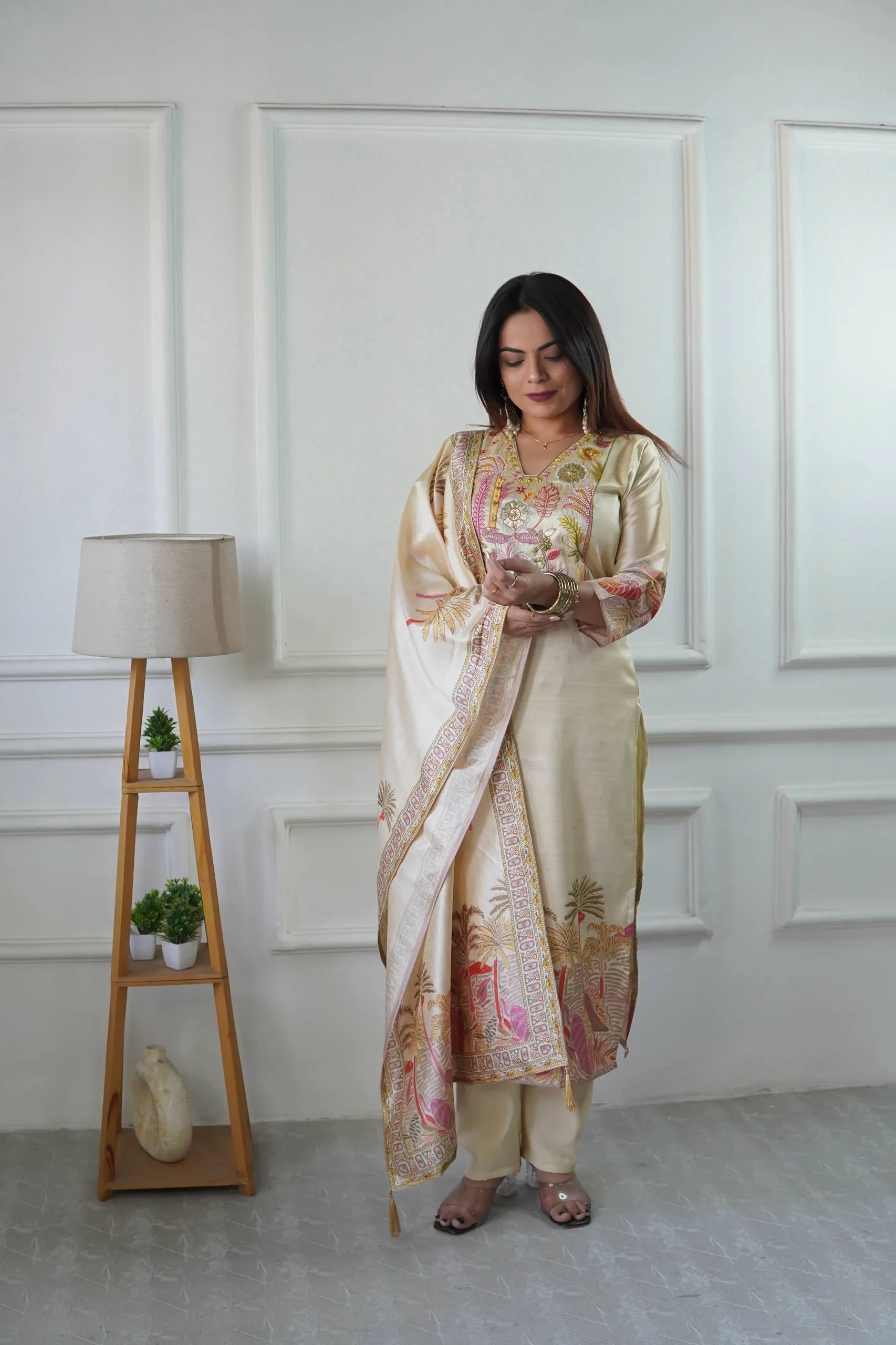 Pure Assam Silk Designer Suit Set with Heavy Embroidery, Real Moti Work & Digital Print Dupatta