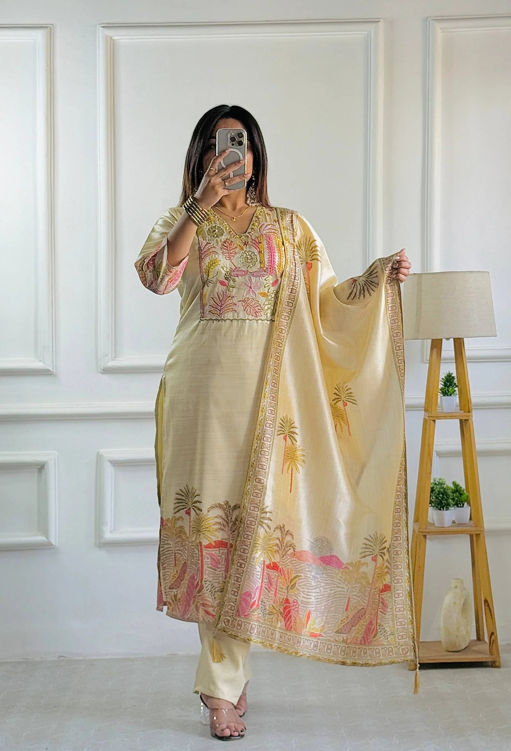 Pure Assam Silk Designer Suit Set with Heavy Embroidery, Real Moti Work & Digital Print Dupatta