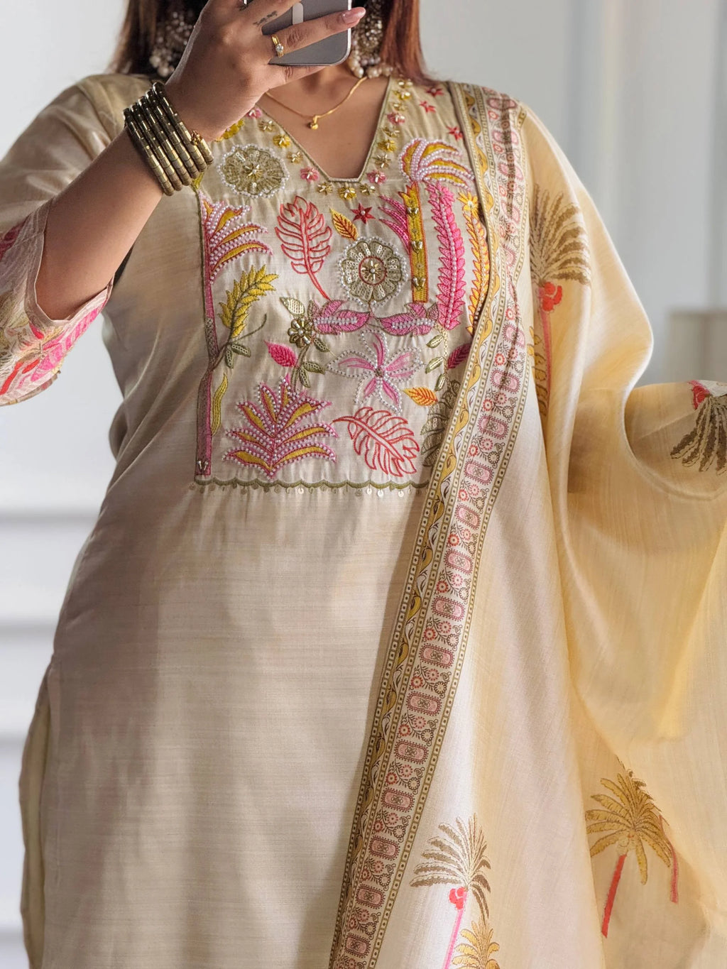 Pure Assam Silk Designer Suit Set with Heavy Embroidery, Real Moti Work & Digital Print Dupatta