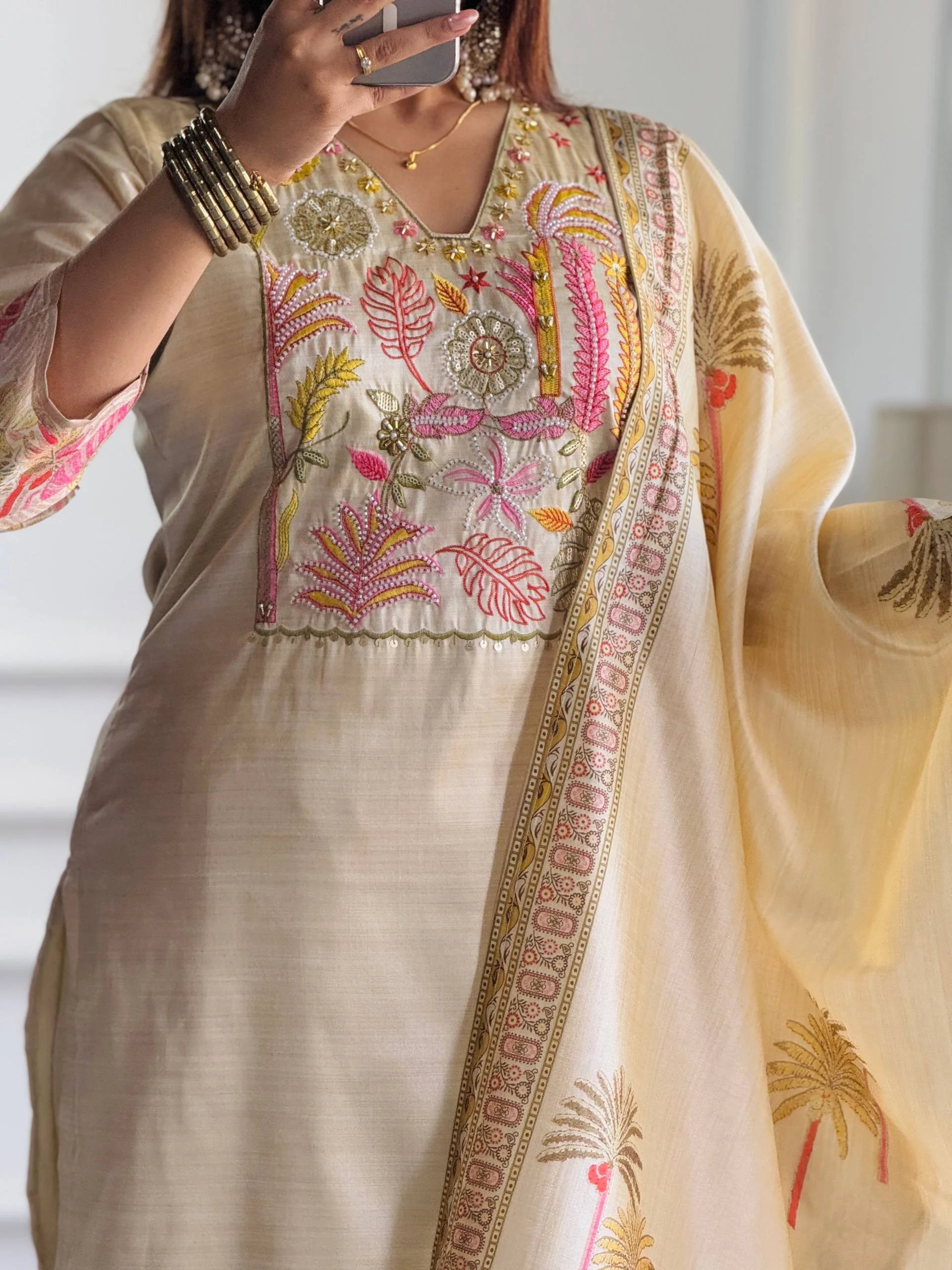 Pure Assam Silk Designer Suit Set with Heavy Embroidery, Real Moti Work & Digital Print Dupatta