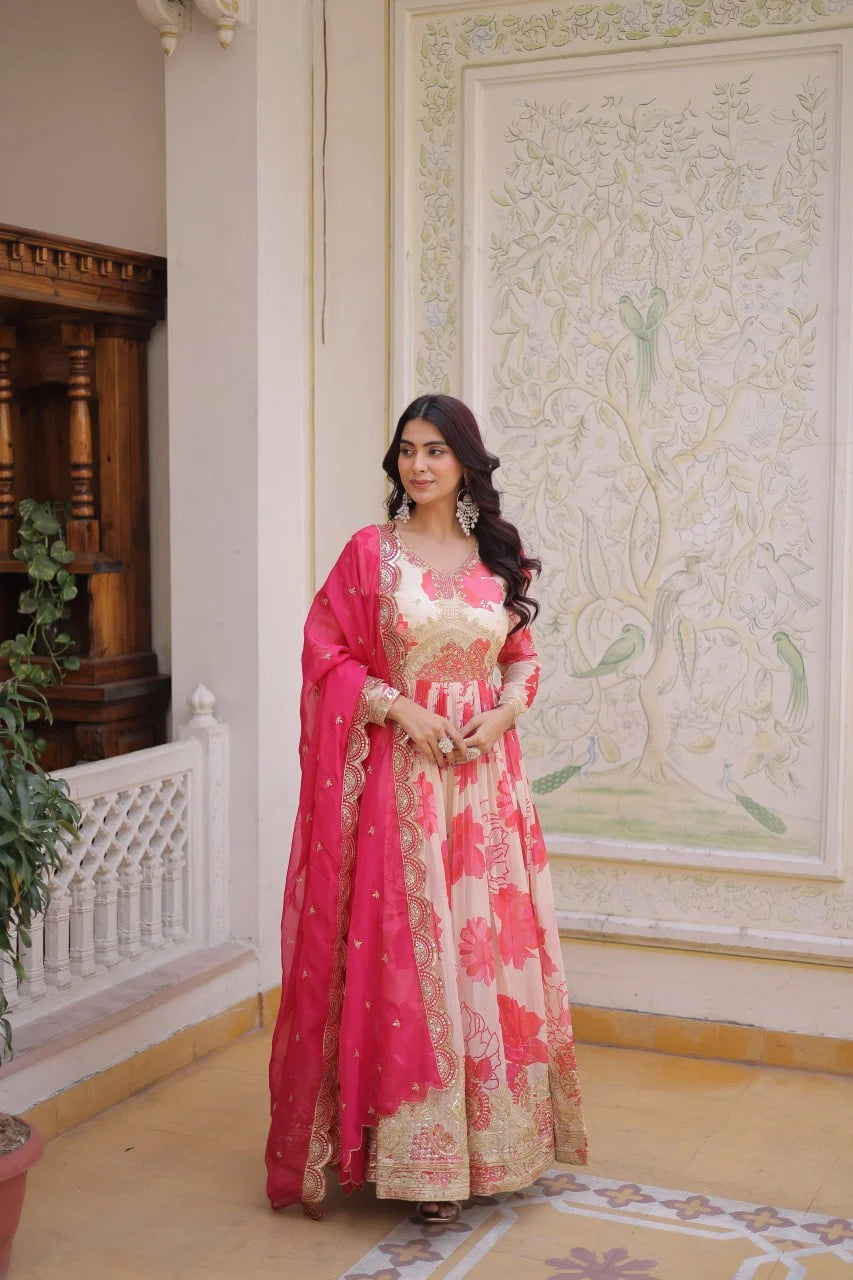 Party Wear Russian Silk Anarkali with Flair & Embroidered Dupatta