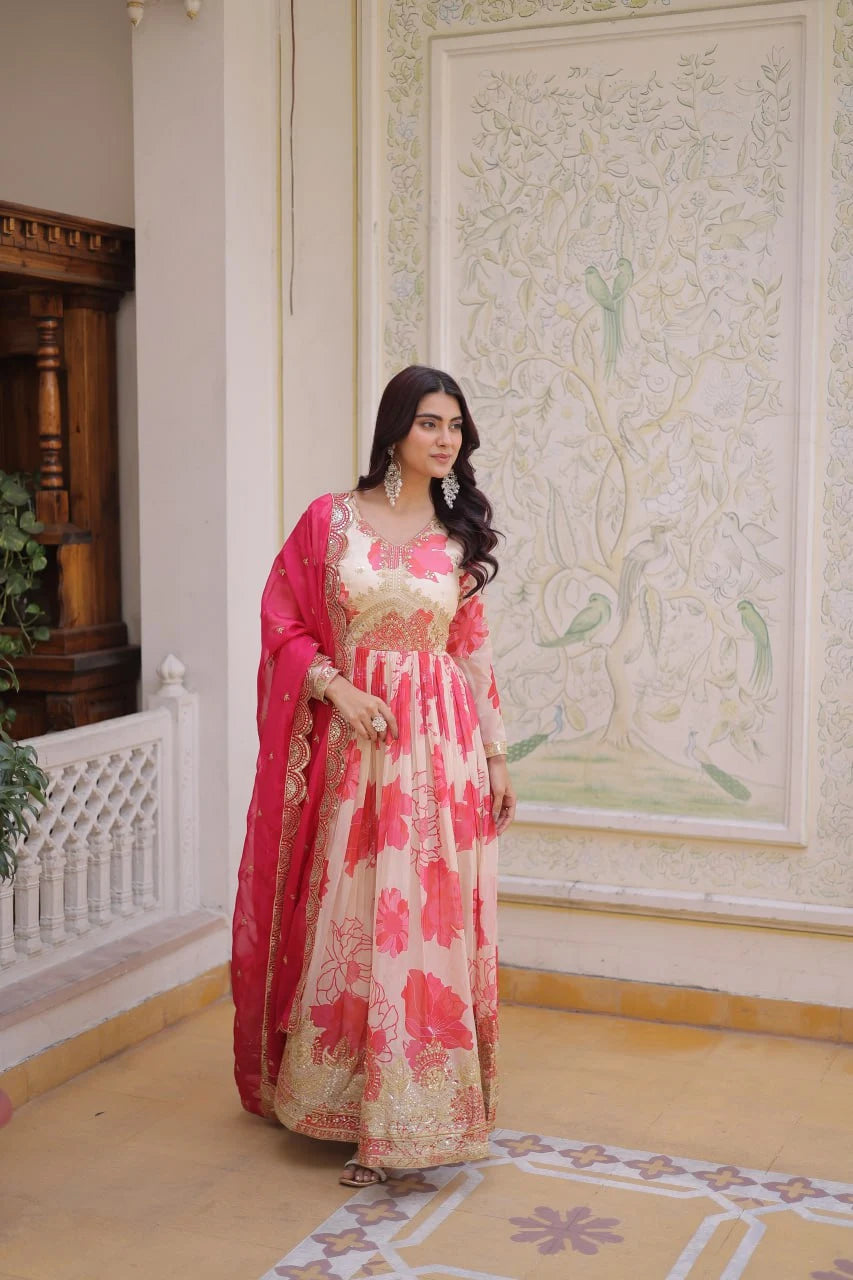 Party Wear Russian Silk Anarkali with Flair & Embroidered Dupatta