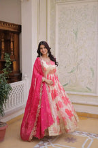 Party Wear Russian Silk Anarkali with Flair & Embroidered Dupatta