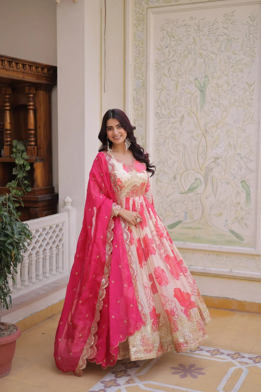 Party Wear Russian Silk Anarkali with Flair & Embroidered Dupatta