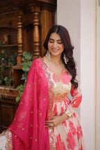 Party Wear Russian Silk Anarkali with Flair & Embroidered Dupatta