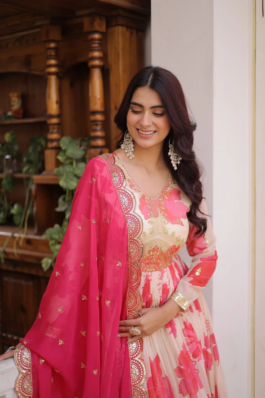 Party Wear Russian Silk Anarkali with Flair & Embroidered Dupatta