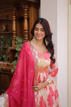 Party Wear Russian Silk Anarkali with Flair & Embroidered Dupatta