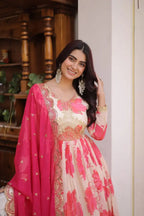 Party Wear Russian Silk Anarkali with Flair & Embroidered Dupatta