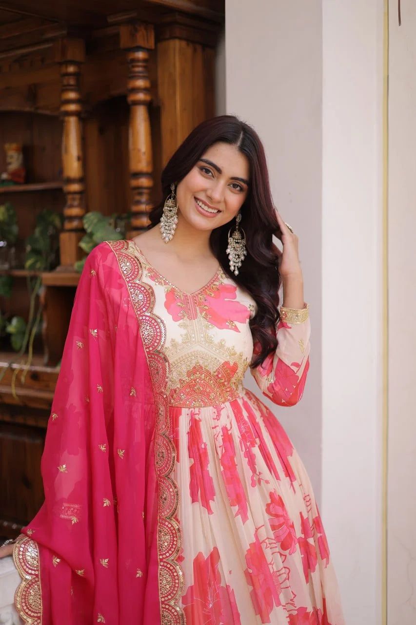 Party Wear Russian Silk Anarkali with Flair & Embroidered Dupatta