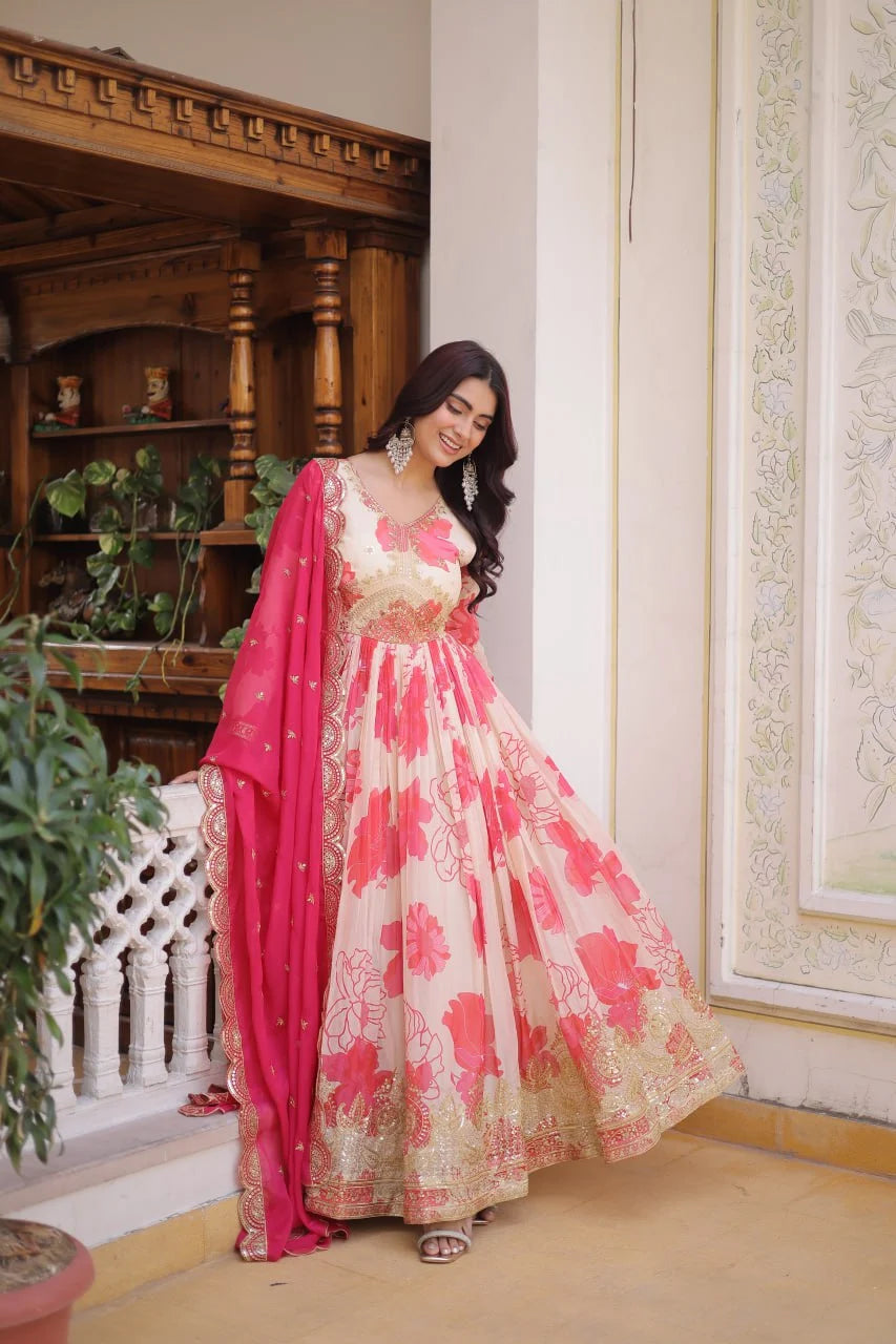 Party Wear Russian Silk Anarkali with Flair & Embroidered Dupatta