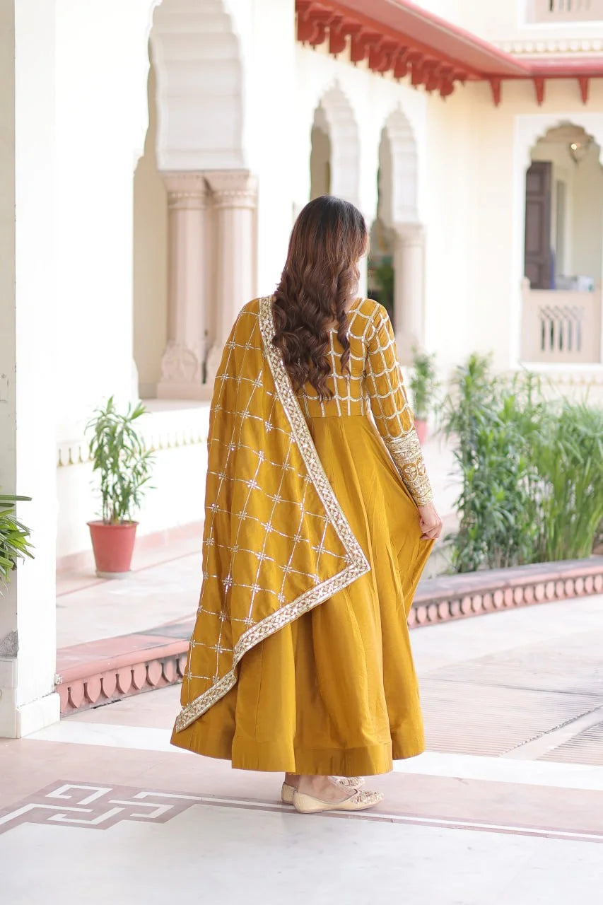 Rich Sequence & Zari Embroidered NC Vichitra Gown with Fancy Dupatta