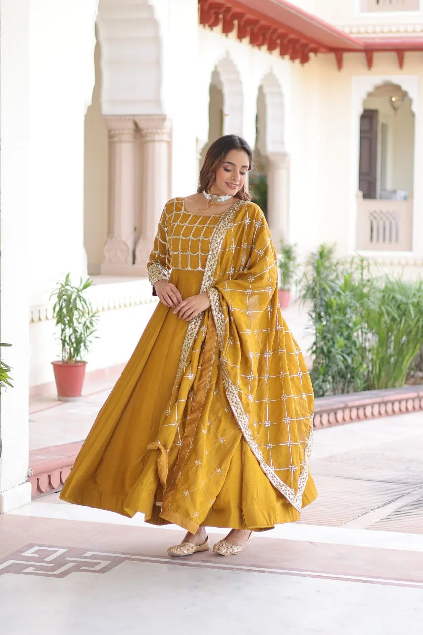 Rich Sequence & Zari Embroidered NC Vichitra Gown with Fancy Dupatta