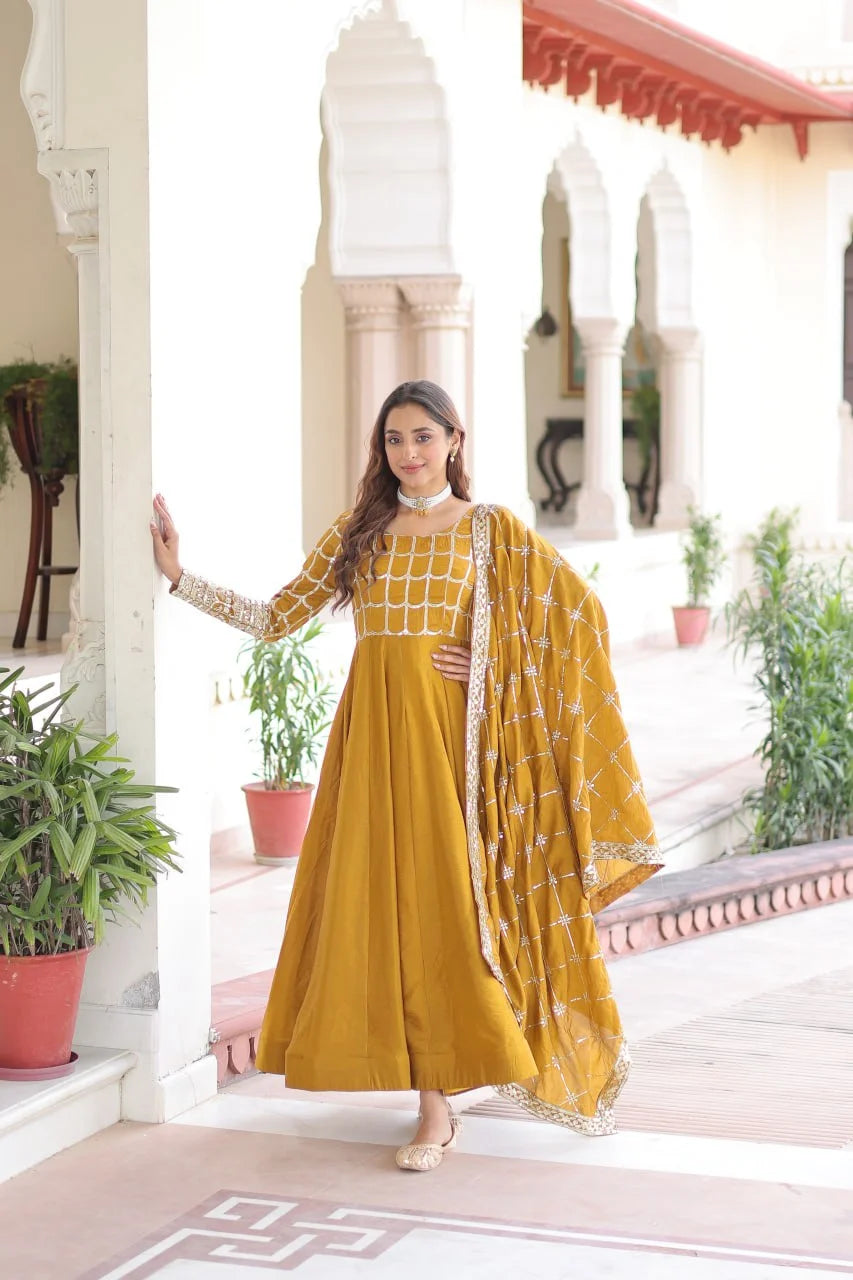 Rich Sequence & Zari Embroidered NC Vichitra Gown with Fancy Dupatta