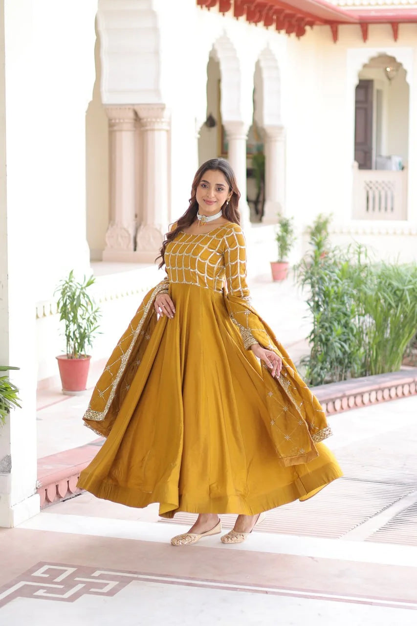 Rich Sequence & Zari Embroidered NC Vichitra Gown with Fancy Dupatta