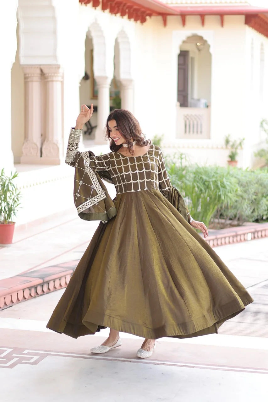 Premium NC Vichitra Embroidered Gown Set with Dupatta