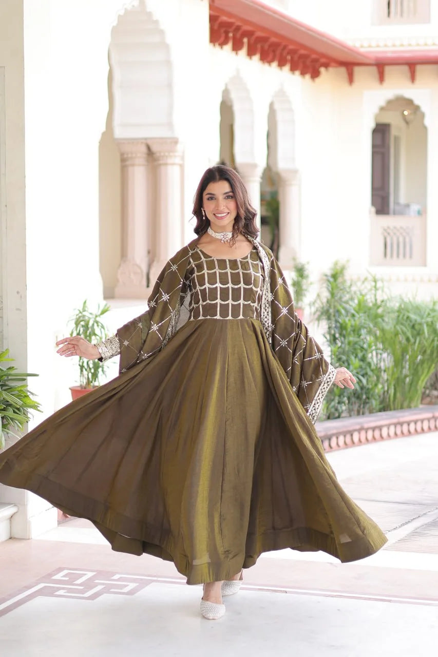 Premium NC Vichitra Embroidered Gown Set with Dupatta