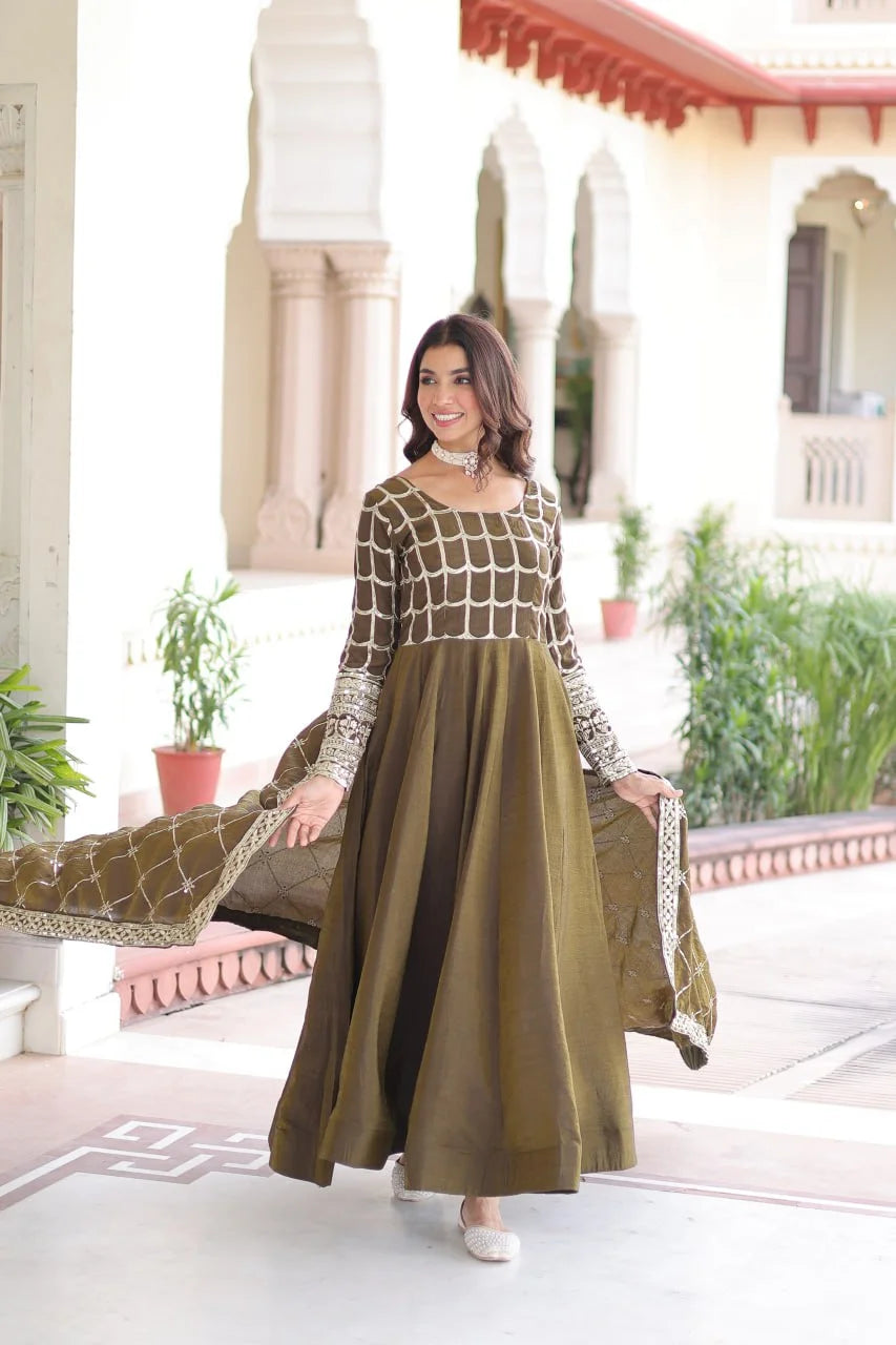 Premium NC Vichitra Embroidered Gown Set with Dupatta