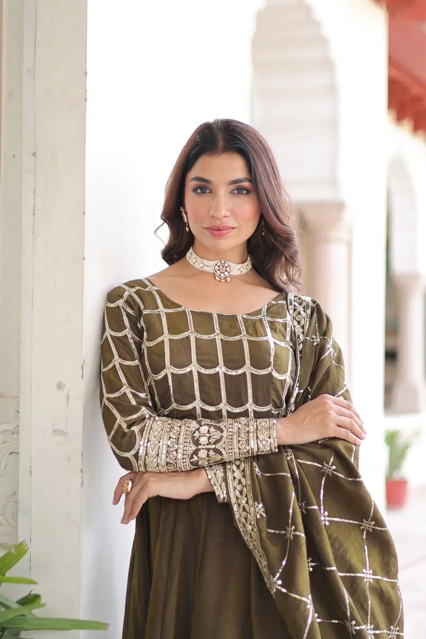Premium NC Vichitra Embroidered Gown Set with Dupatta