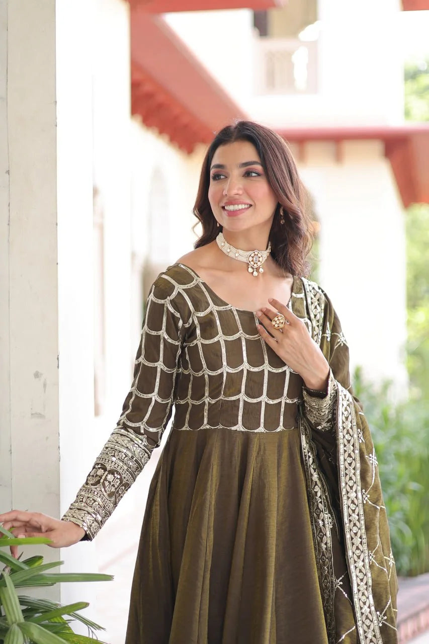 Premium NC Vichitra Embroidered Gown Set with Dupatta