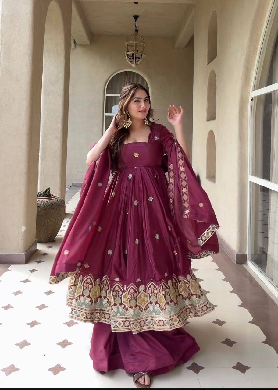 Elegant Wine Purple Embroidered Anarkali Suit Set With Dupatta For Women