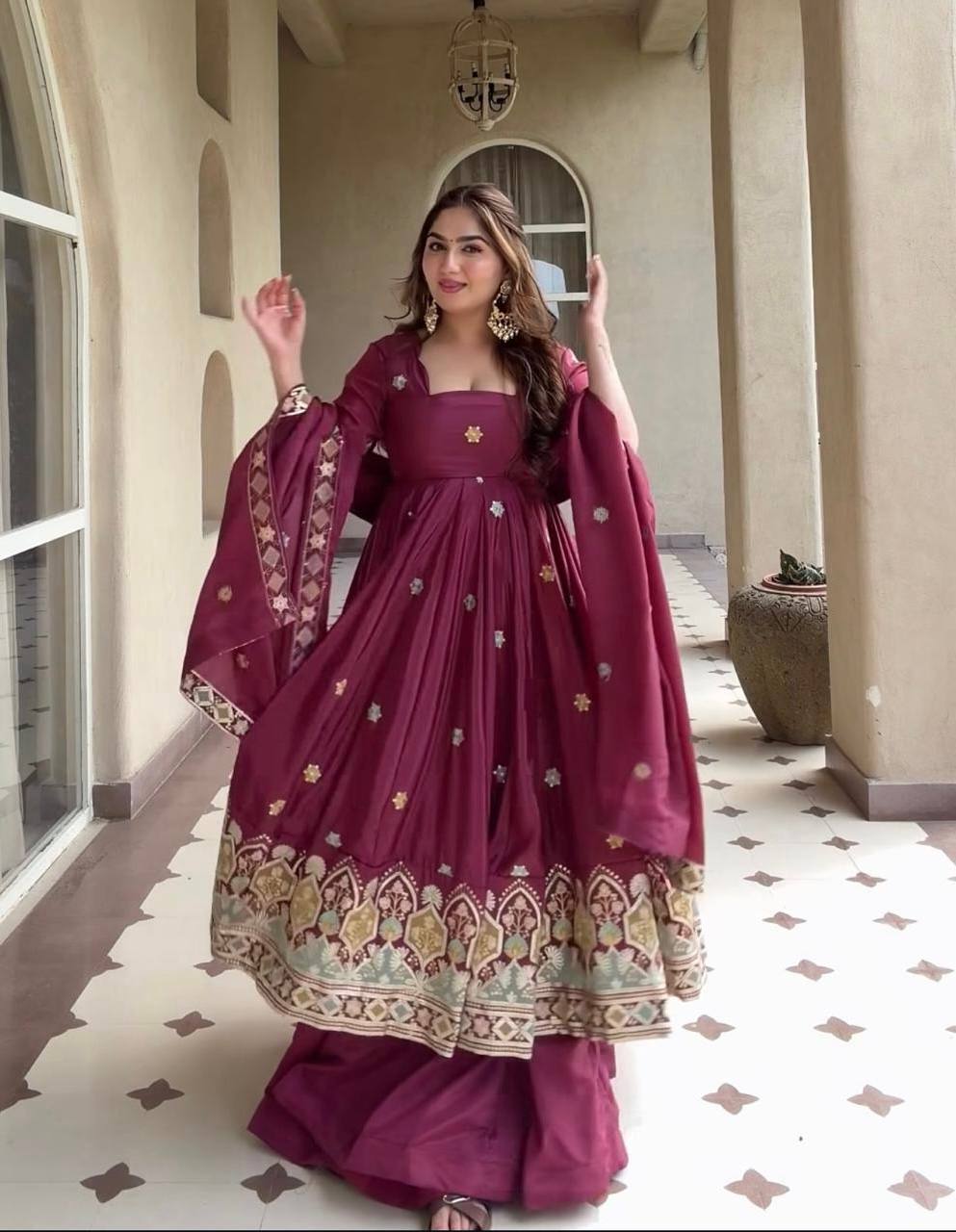 Elegant Wine Purple Embroidered Anarkali Suit Set With Dupatta For Women
