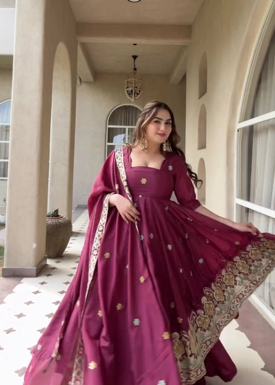 Elegant Wine Purple Embroidered Anarkali Suit Set With Dupatta For Women