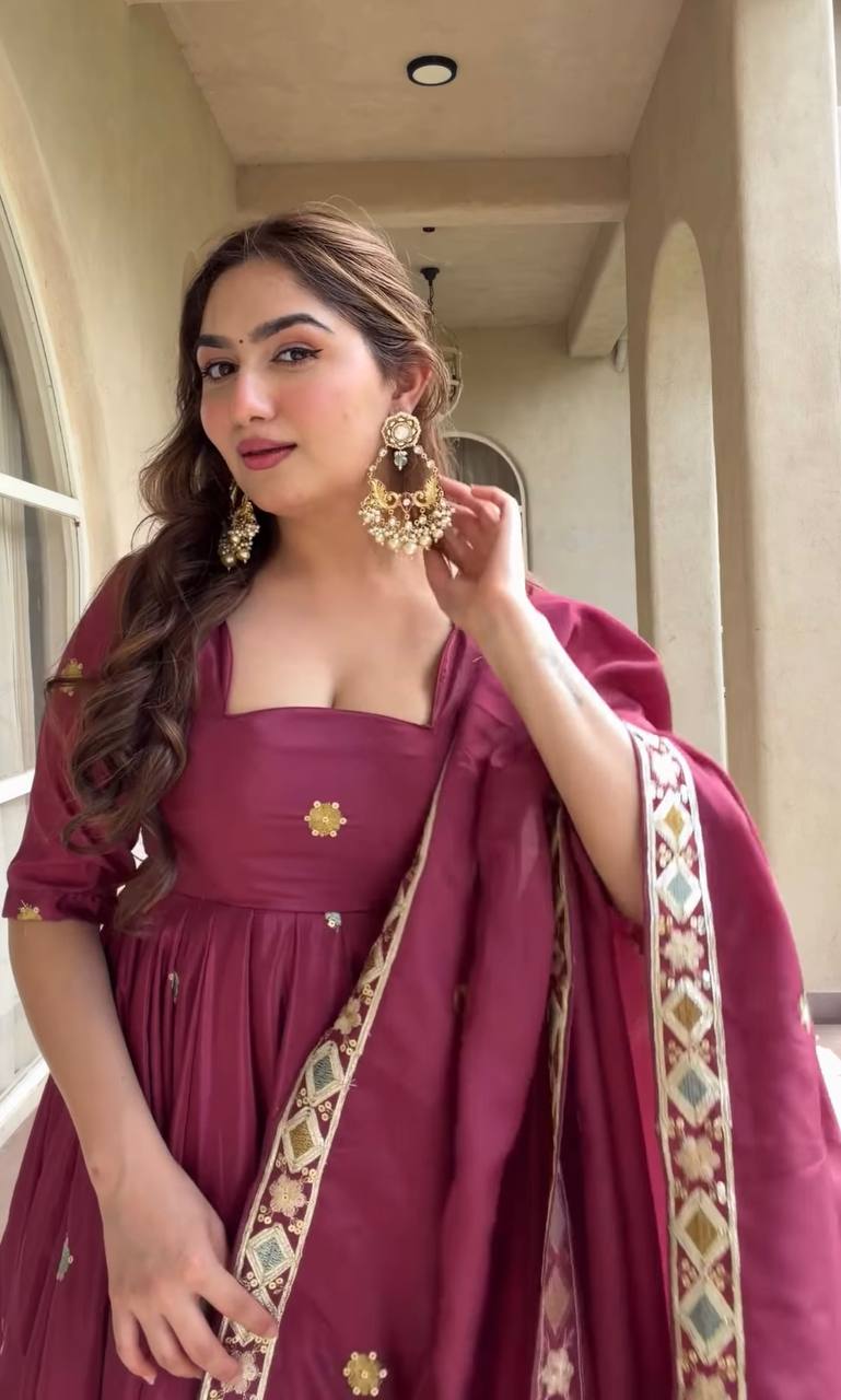 Elegant Wine Purple Embroidered Anarkali Suit Set With Dupatta For Women