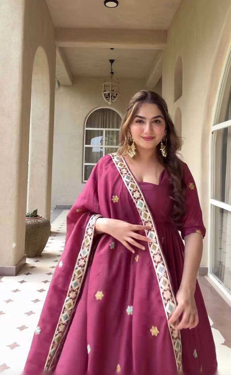 Elegant Wine Purple Embroidered Anarkali Suit Set With Dupatta For Women