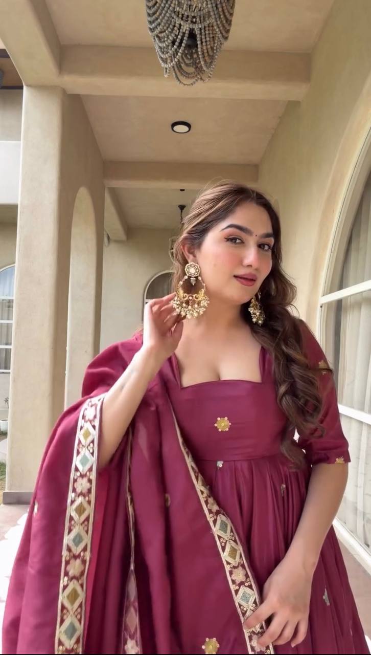 Elegant Wine Purple Embroidered Anarkali Suit Set With Dupatta For Women