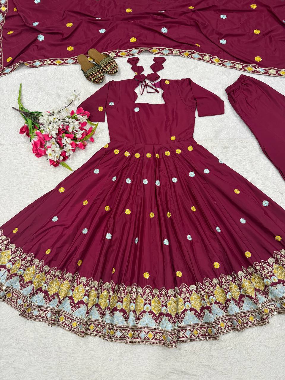 Elegant Wine Purple Embroidered Anarkali Suit Set With Dupatta For Women