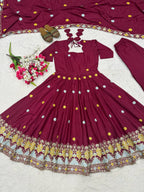 Elegant Wine Purple Embroidered Anarkali Suit Set With Dupatta For Women