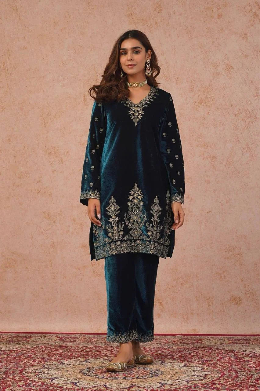 Royal Velvet Suit Set with Cording-Sequence Work & Organza Dupatta