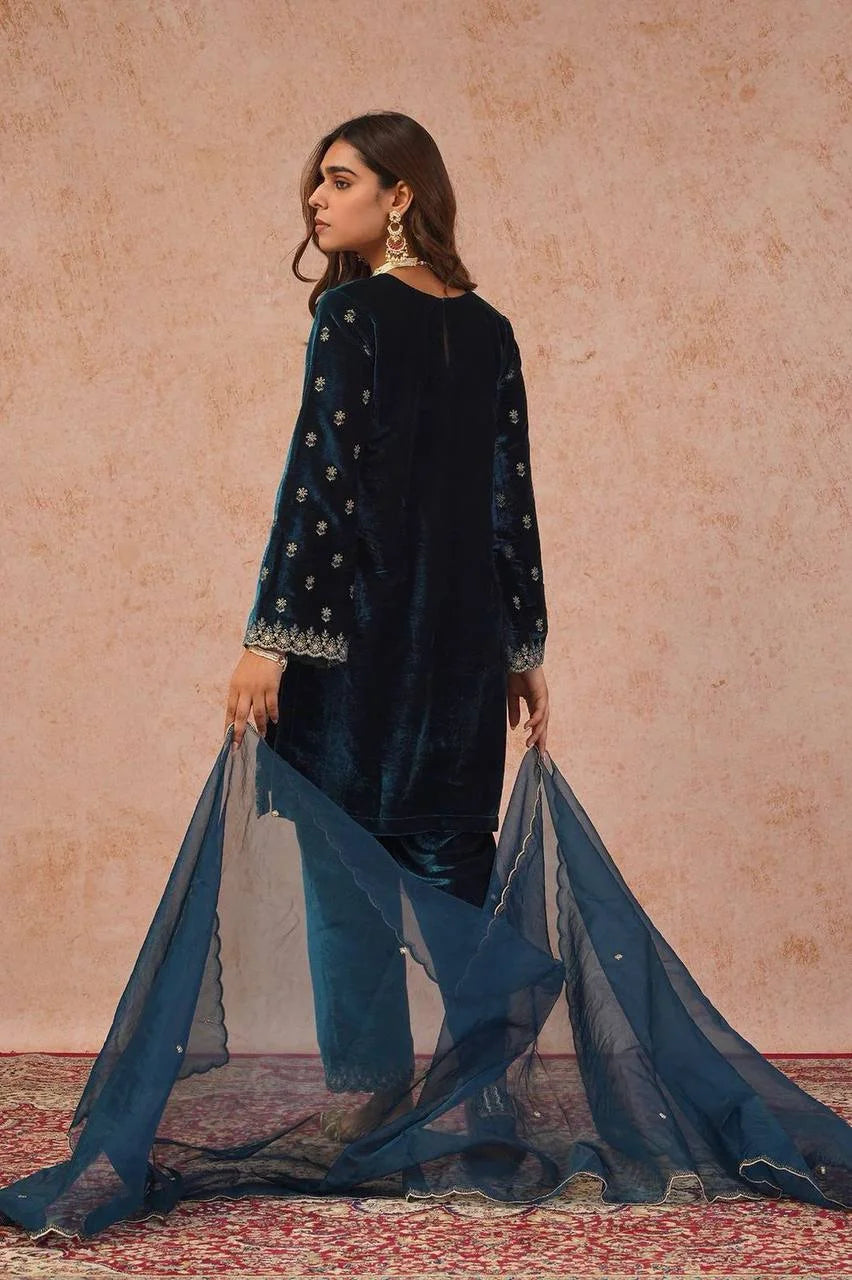 Royal Velvet Suit Set with Cording-Sequence Work & Organza Dupatta