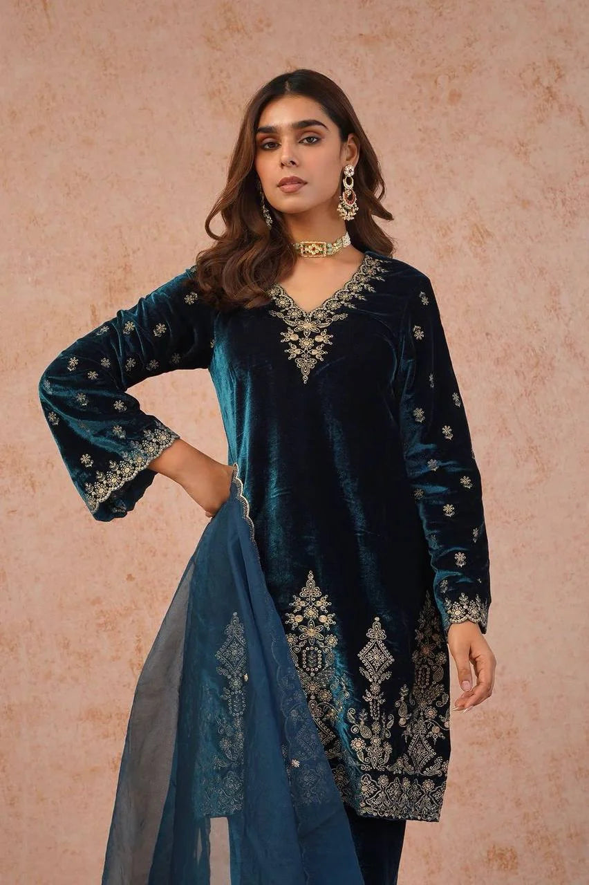 Royal Velvet Suit Set with Cording-Sequence Work & Organza Dupatta