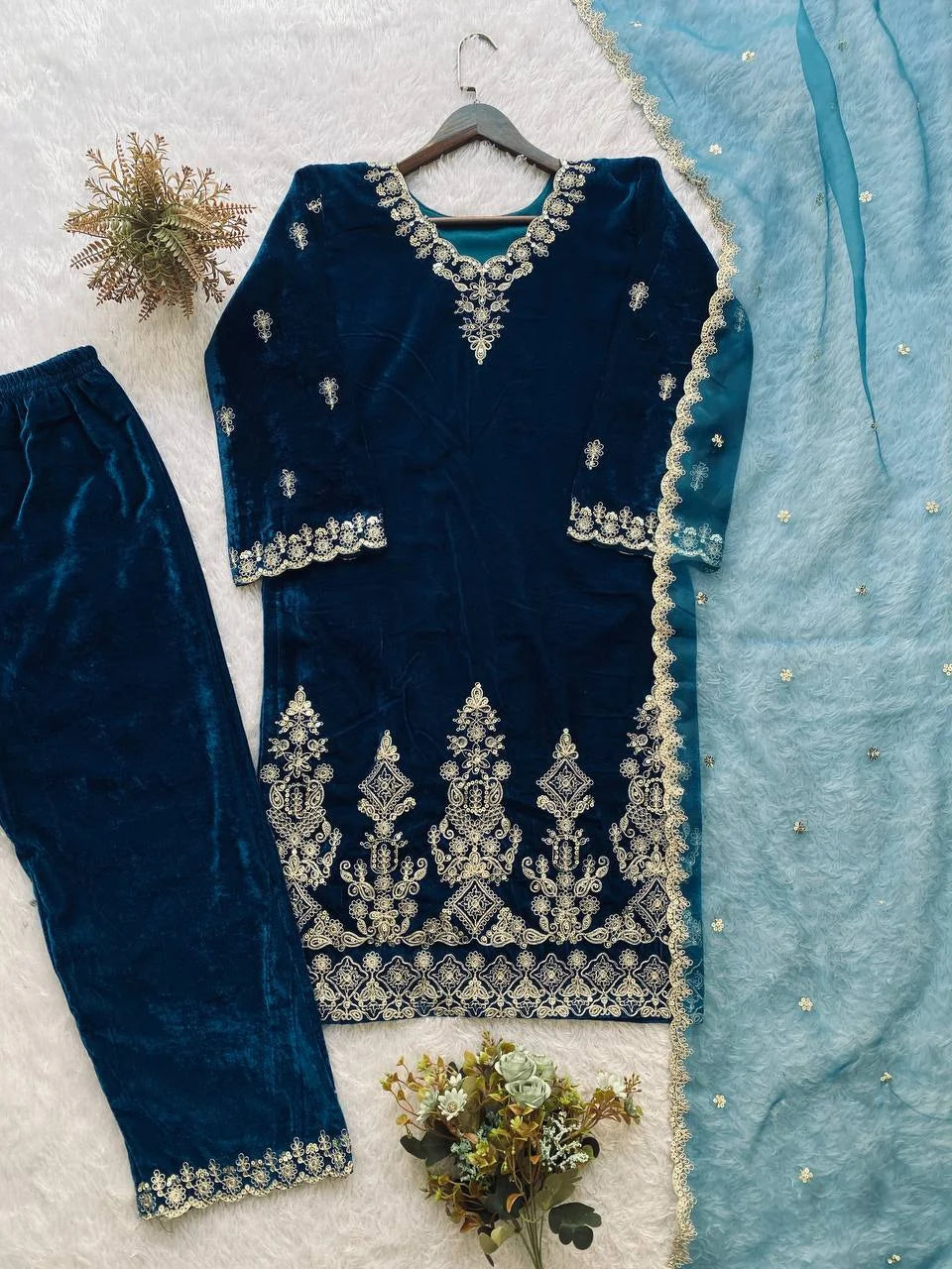 Royal Velvet Suit Set with Cording-Sequence Work & Organza Dupatta