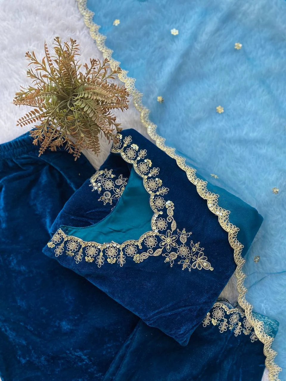 Royal Velvet Suit Set with Cording-Sequence Work & Organza Dupatta