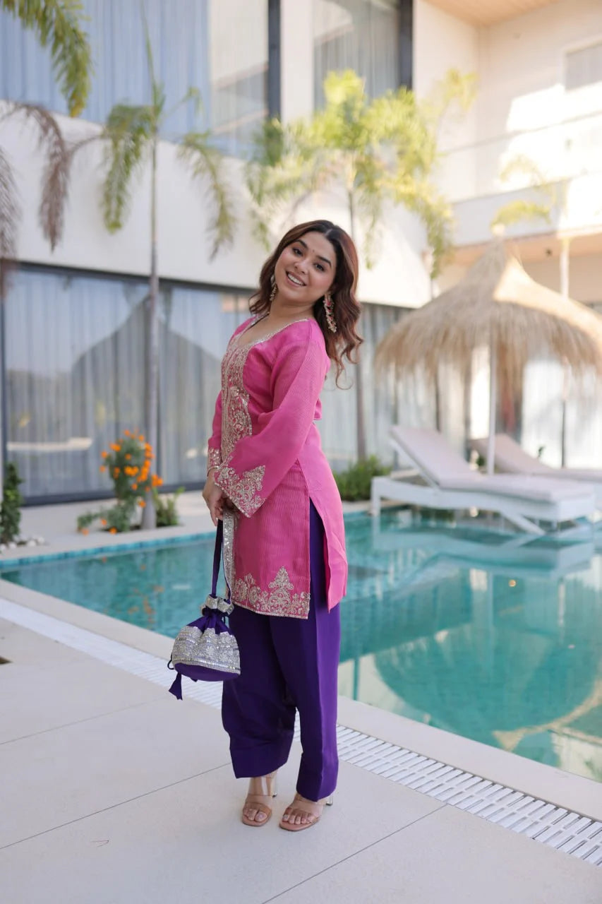Glamorous Vibes: Embroidered Top with Bell Sleeves, Pant & Batwa